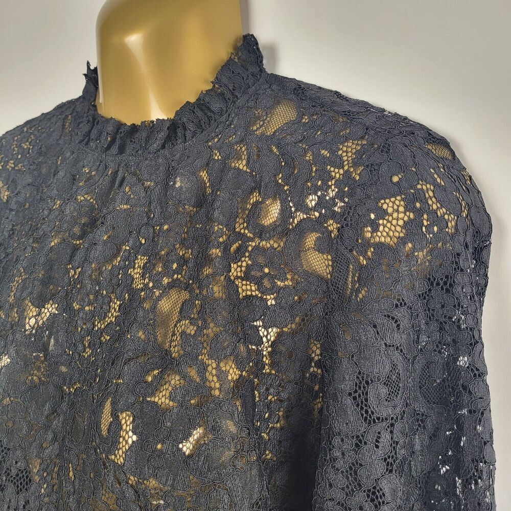 ZARA X-Small Sheer Black Lace Blouse Pullover Bell Sleeves 3 Tiered Lace Cuff - Picture 10 of 14